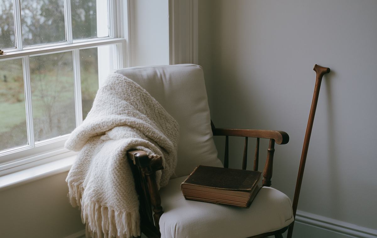 An armchair by the window, a blanket, and a book.